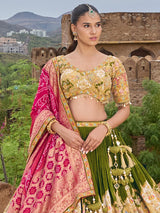 Mehendi green silk lehenga choli with colorful motifs and contrast dupatta