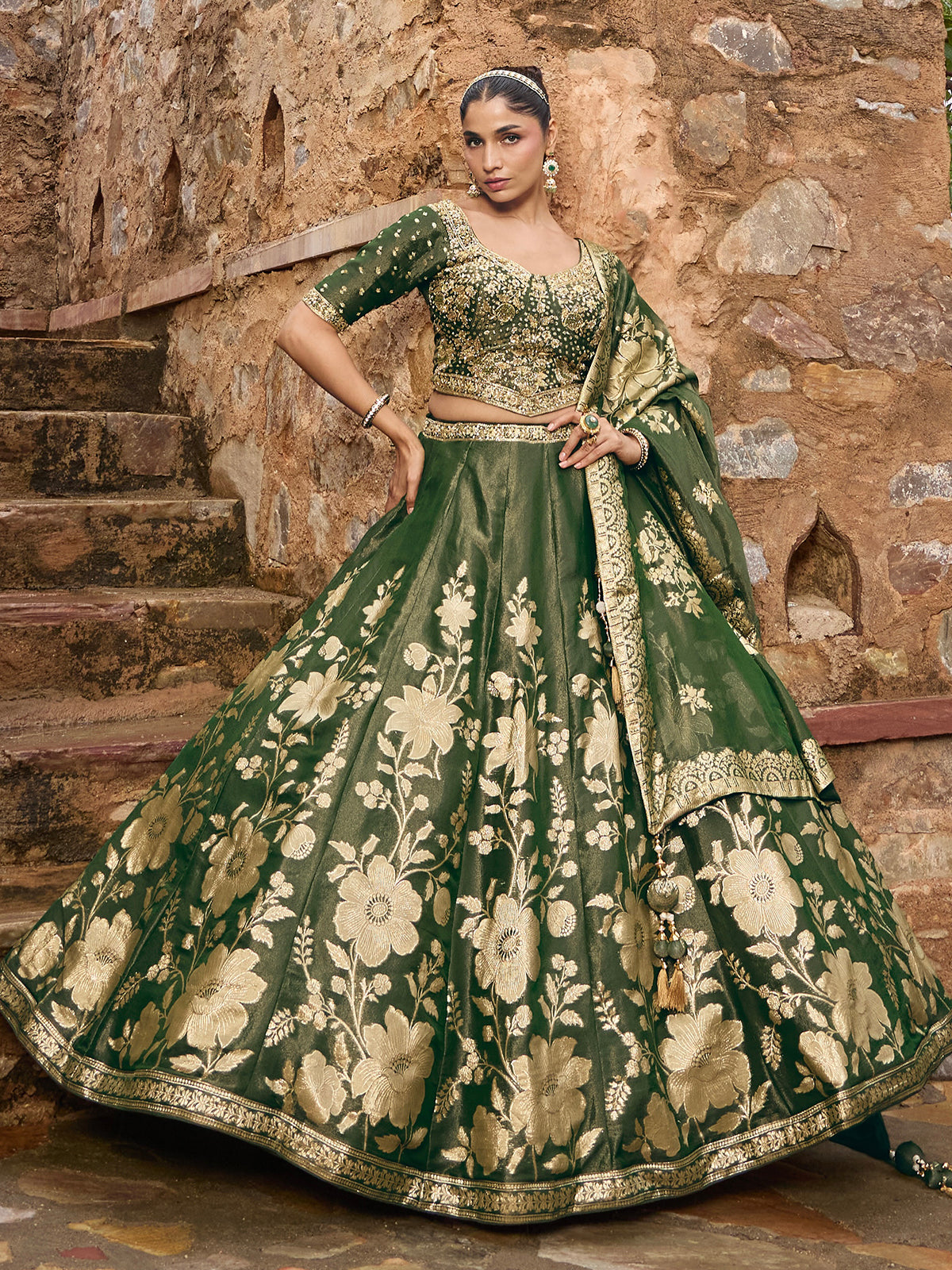 Mehendi green silk lehenga choli with embellished festive dupatta