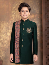 Bottle green heritage embroidered boys indo western outfit