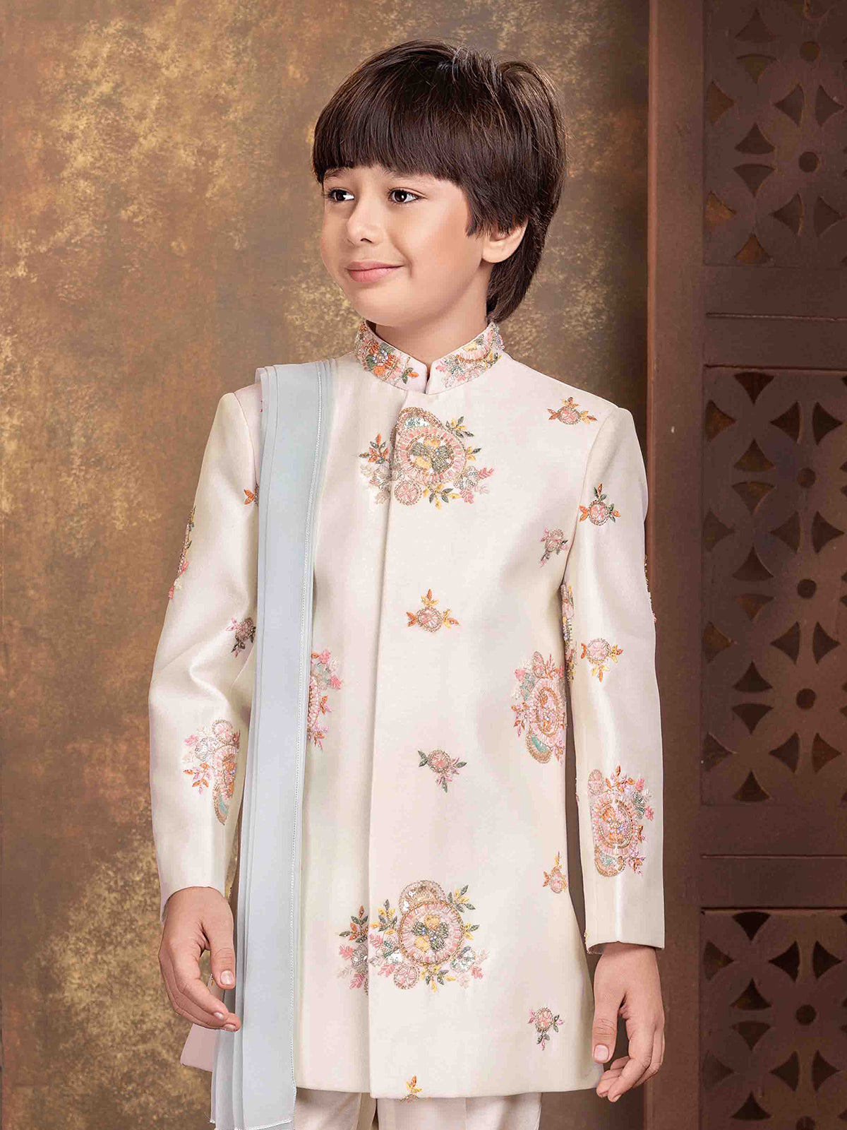 Off white floral rosette boys indo western ensemble