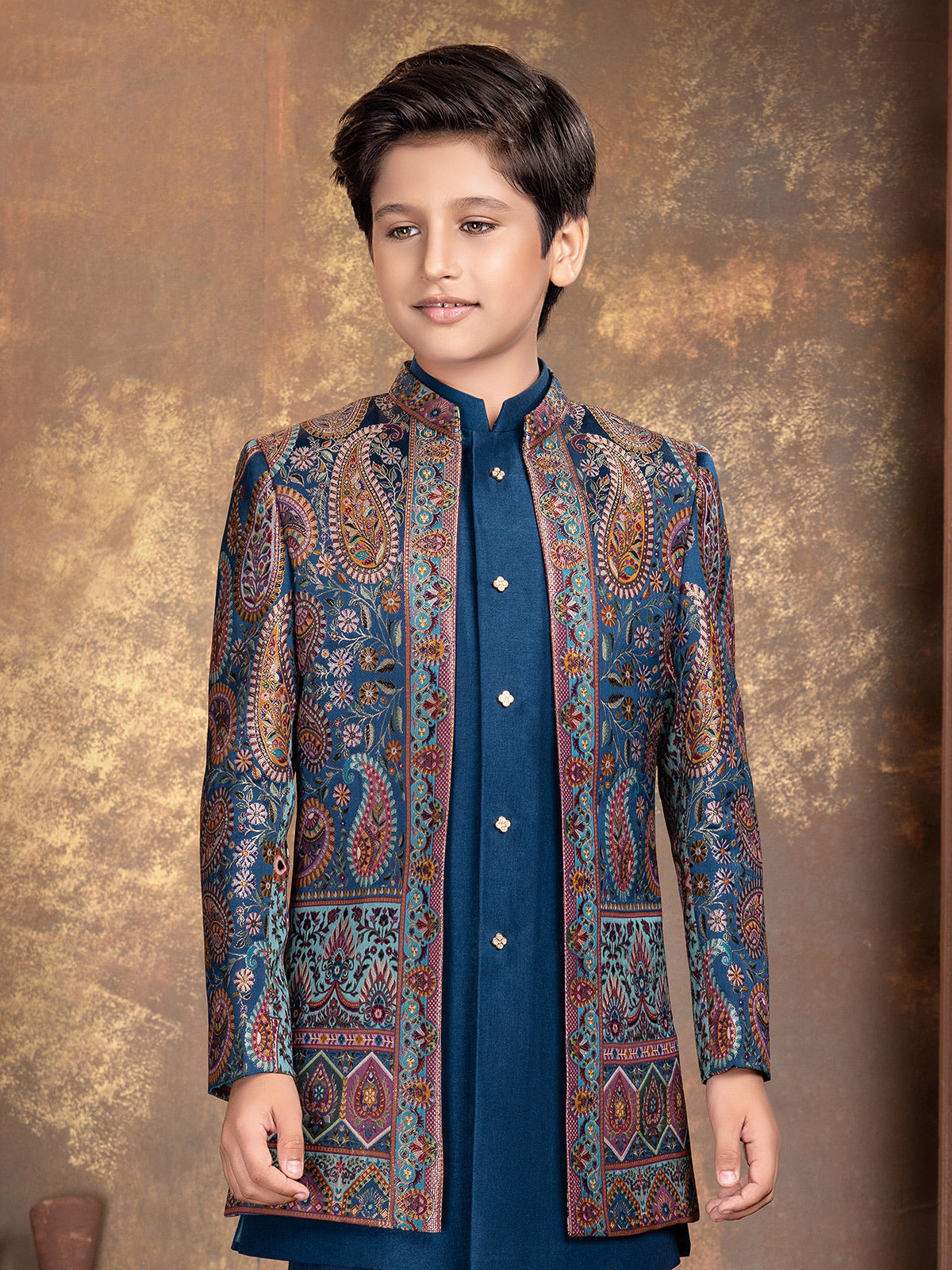 Navy blue jamawar boys indo western outfit