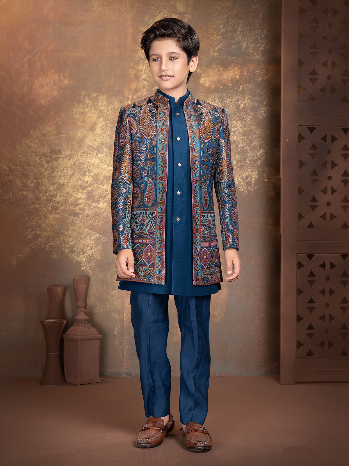 Navy blue jamawar boys indo western outfit