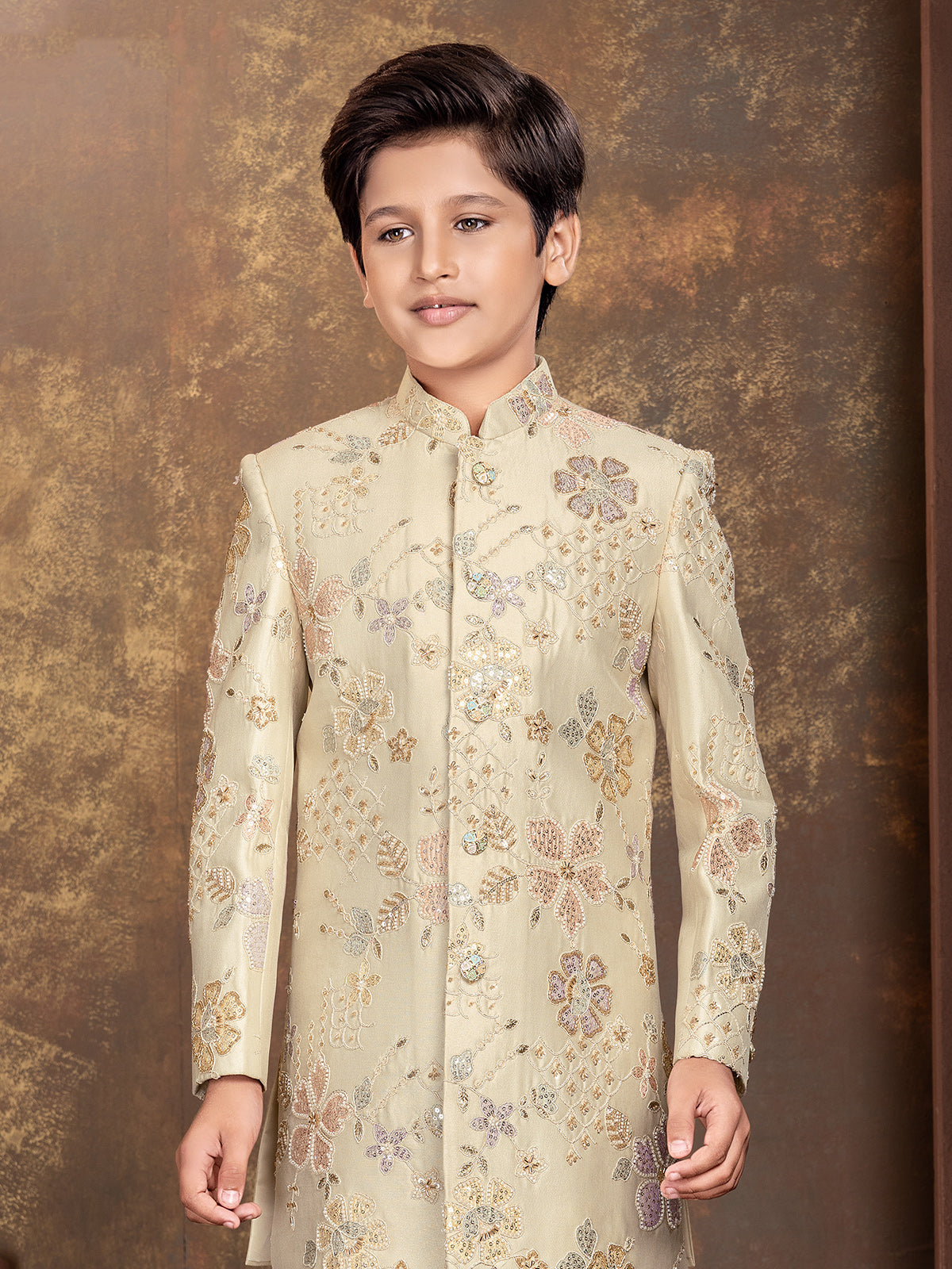 Elegant cream floral boys indo western ensemble