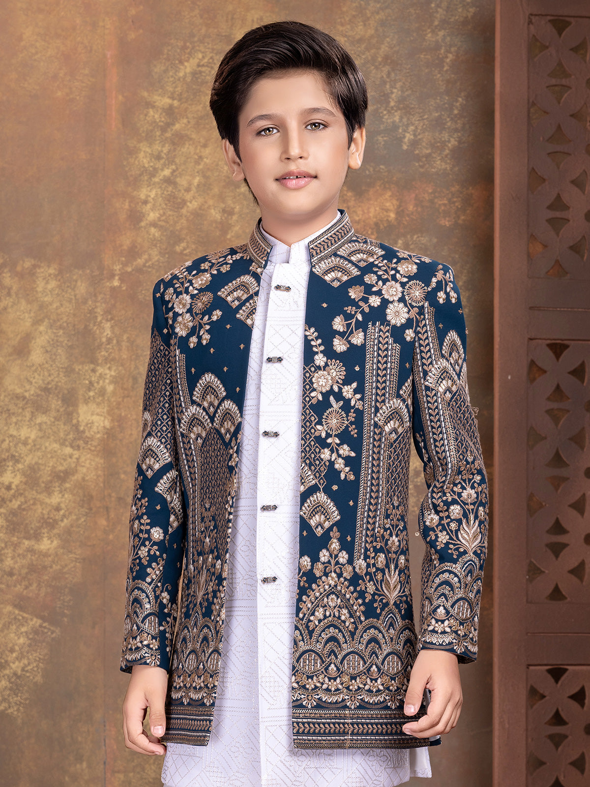 Regal blue embroidered boys indo western outfit