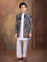 Regal blue embroidered boys indo western outfit