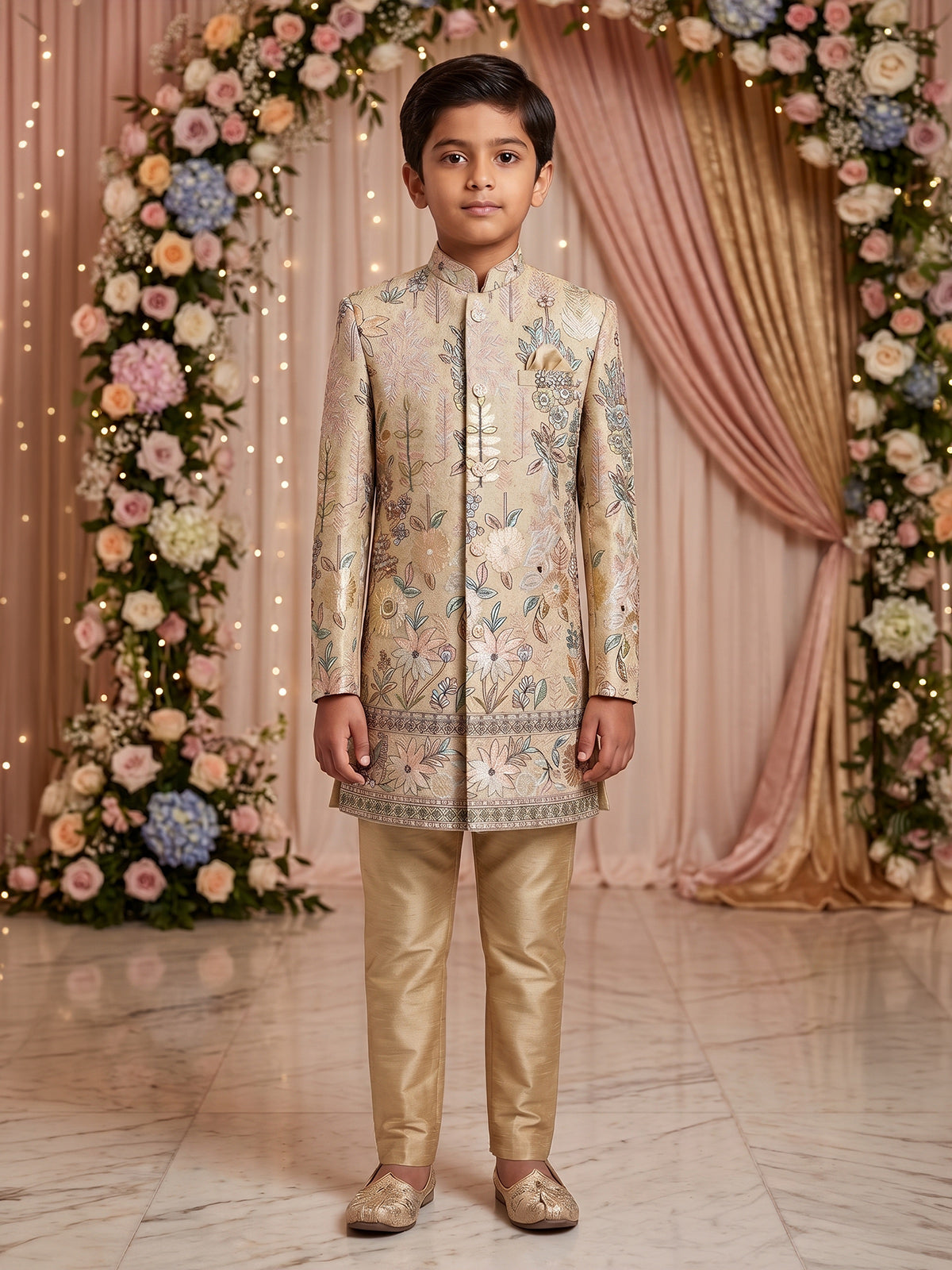 Beige mughal garden boys indo western