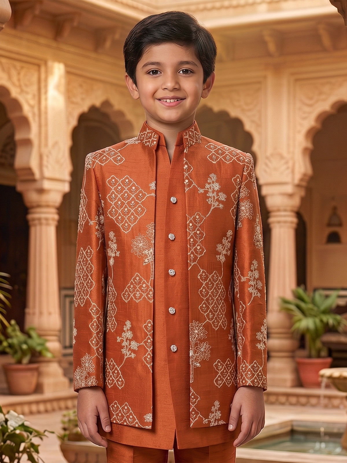 Rust orange trellis embroidered boys indo western outfit