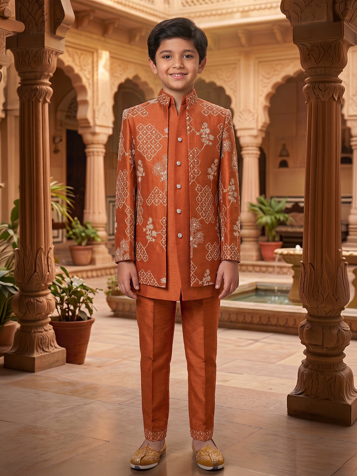 Rust orange trellis embroidered boys indo western outfit
