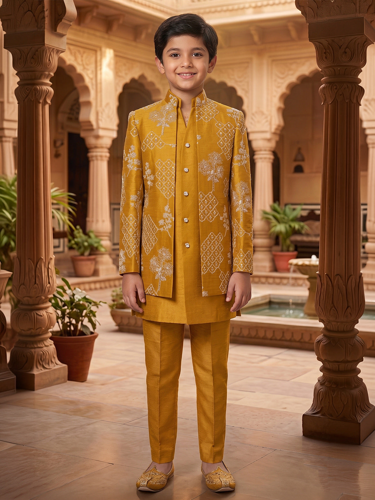 Mustard yellow trellis embroidered boys indo western outfit