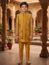 Mustard yellow trellis embroidered boys indo western outfit