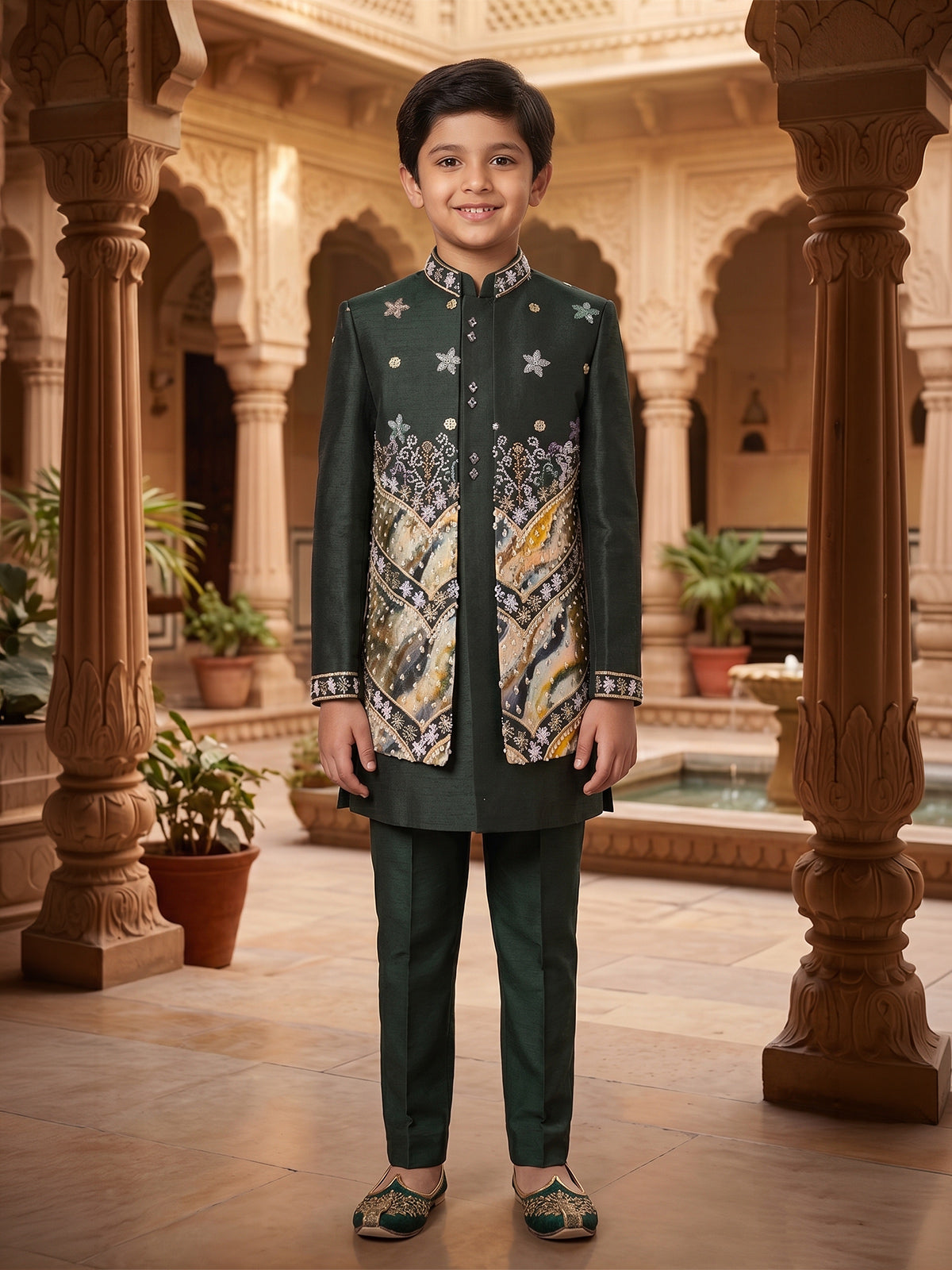 Bottle green printed chevron boys indo western outfit