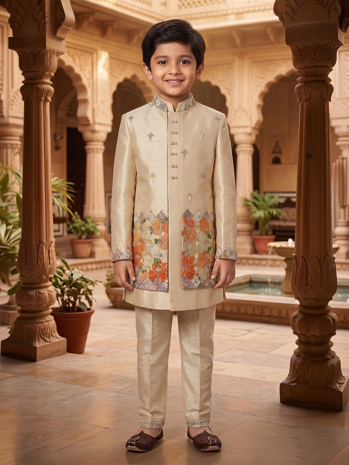 Beige geometric chevron boys indo western outfit
