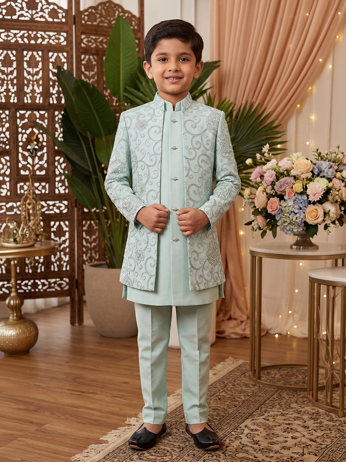 Mint blue embroidered boys indo western outfit