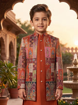 Rust orange mosaic boys indo western