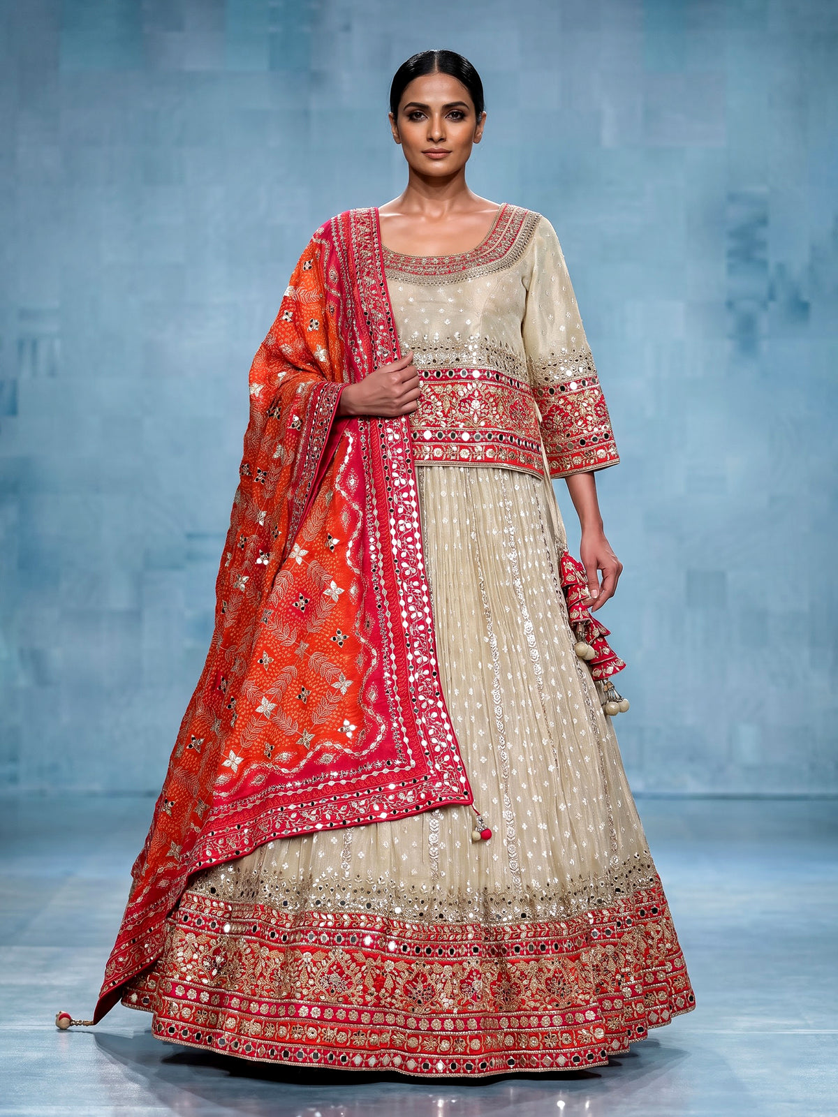 Cream embellished women lehenga choli with dupatta