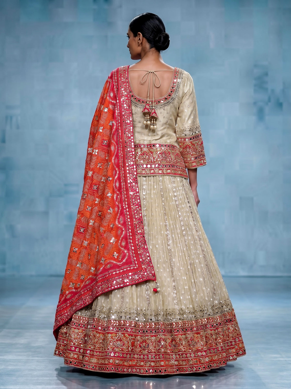 Cream embellished women lehenga choli with dupatta
