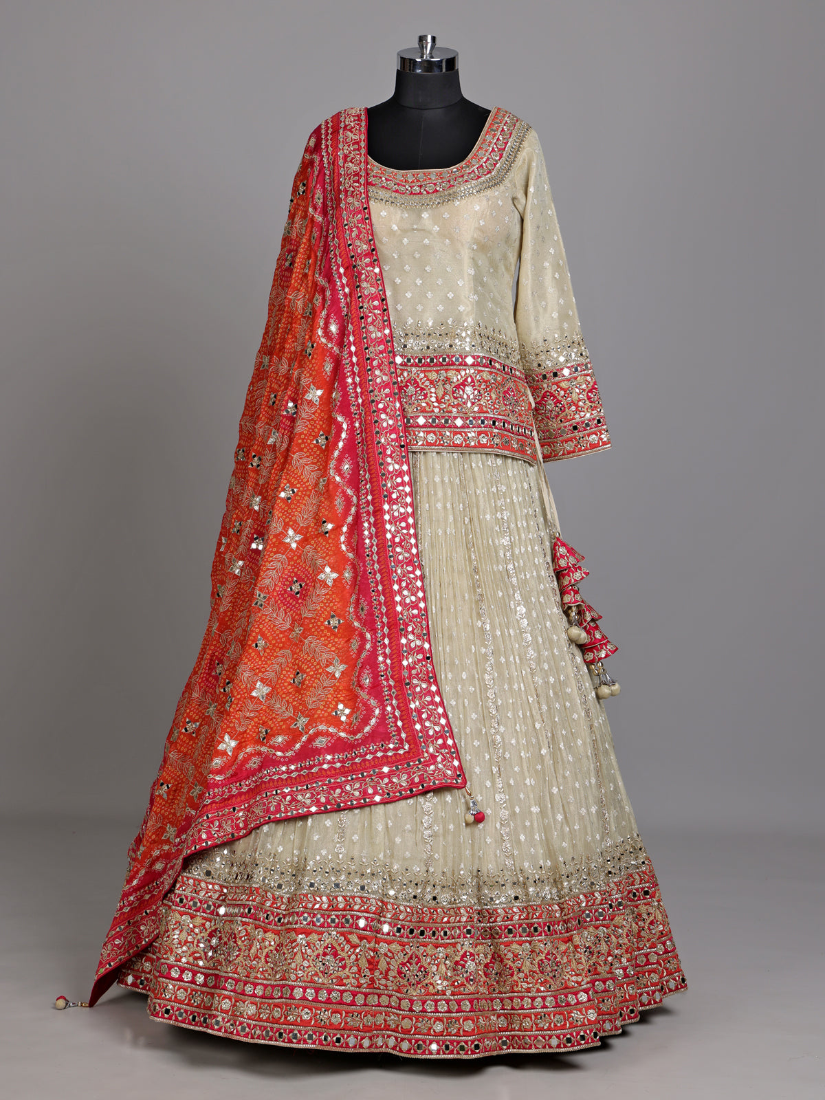 Cream embellished women lehenga choli with dupatta