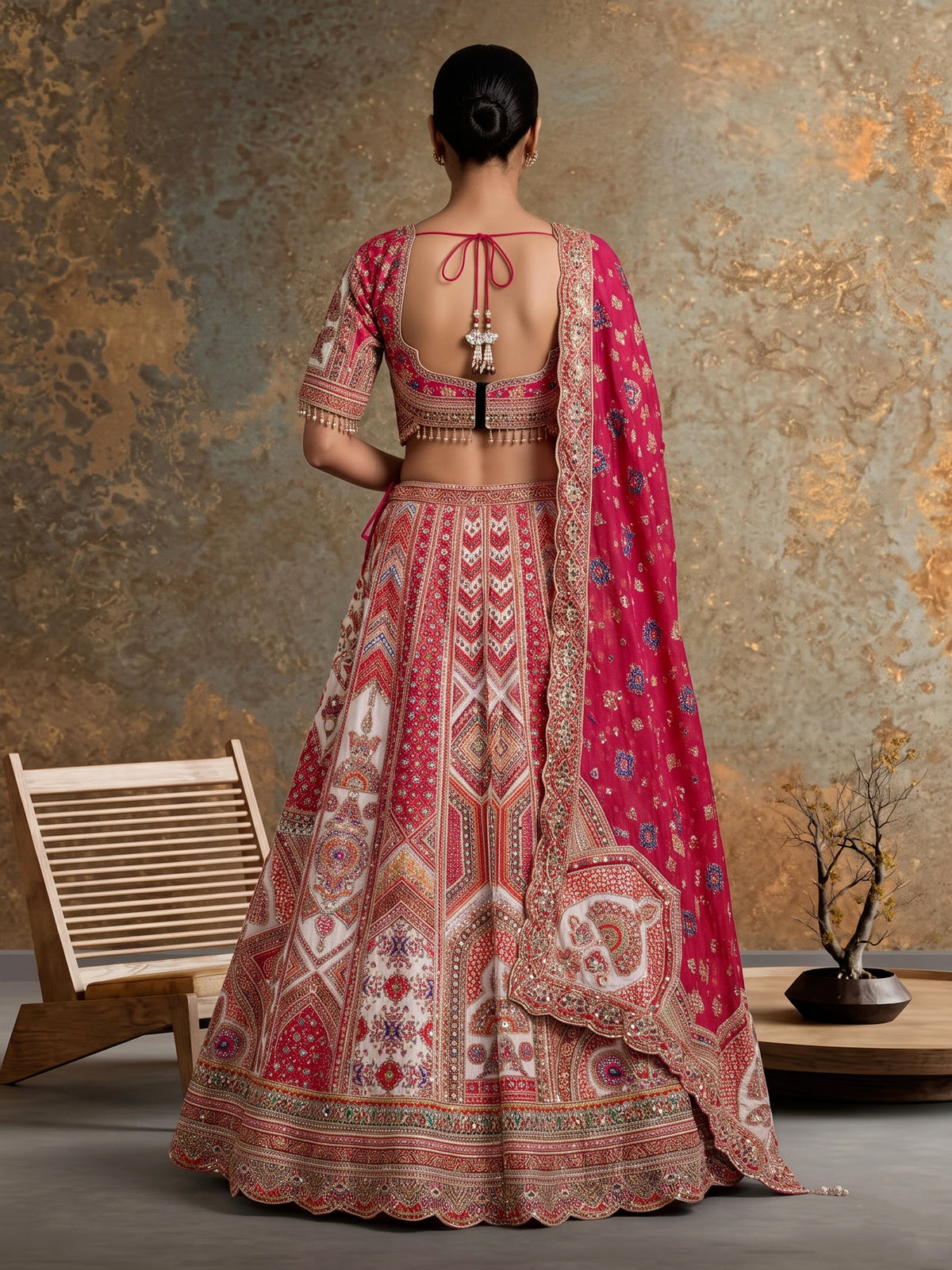 Red ivory lehenga choli with vibrant pink dupatta