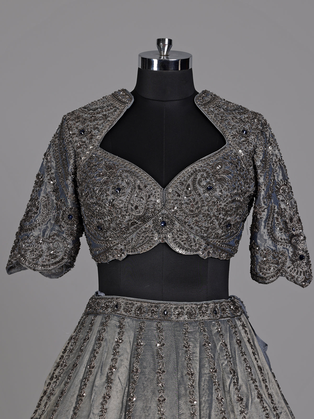 Silver grey lehenga choli with midnight blue dupatta