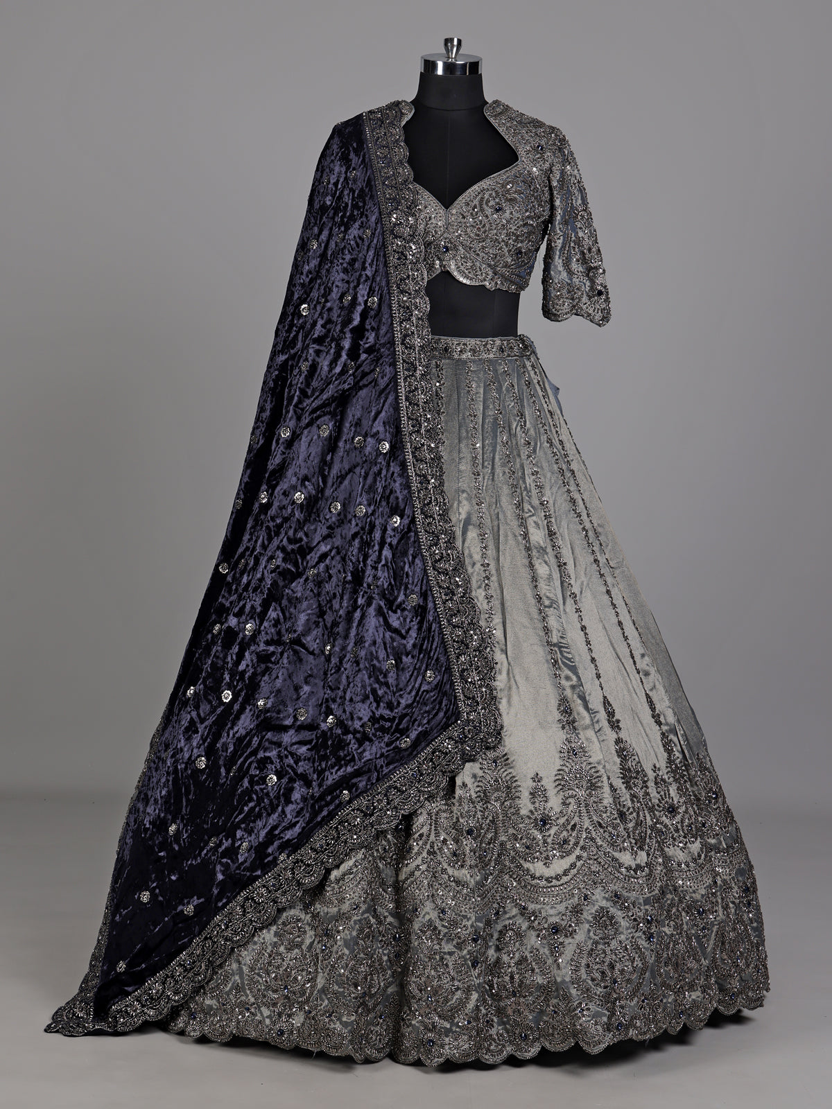 Silver grey lehenga choli with midnight blue dupatta