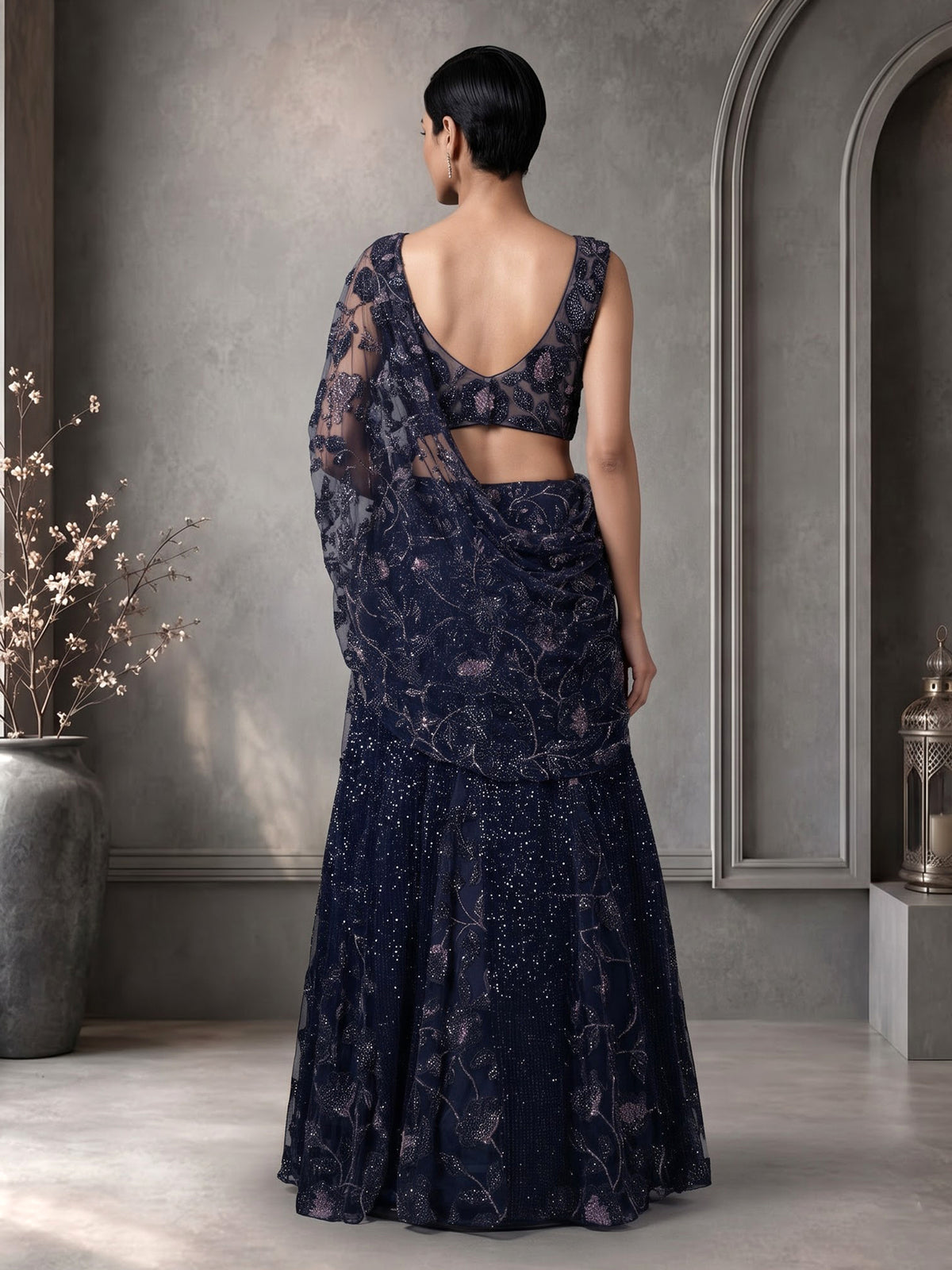 Midnight navy lehenga choli with pre-draped sheer dupatta
