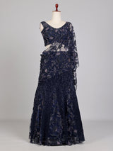 Midnight navy lehenga choli with pre-draped sheer dupatta