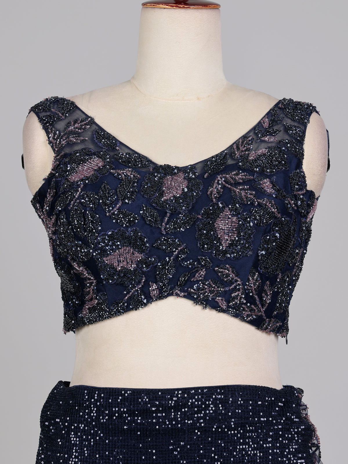 Midnight navy lehenga choli with pre-draped sheer dupatta