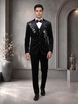 Black velvet tuxedo suit with crystal floral embellishments