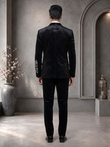 Black velvet tuxedo suit with crystal floral embellishments