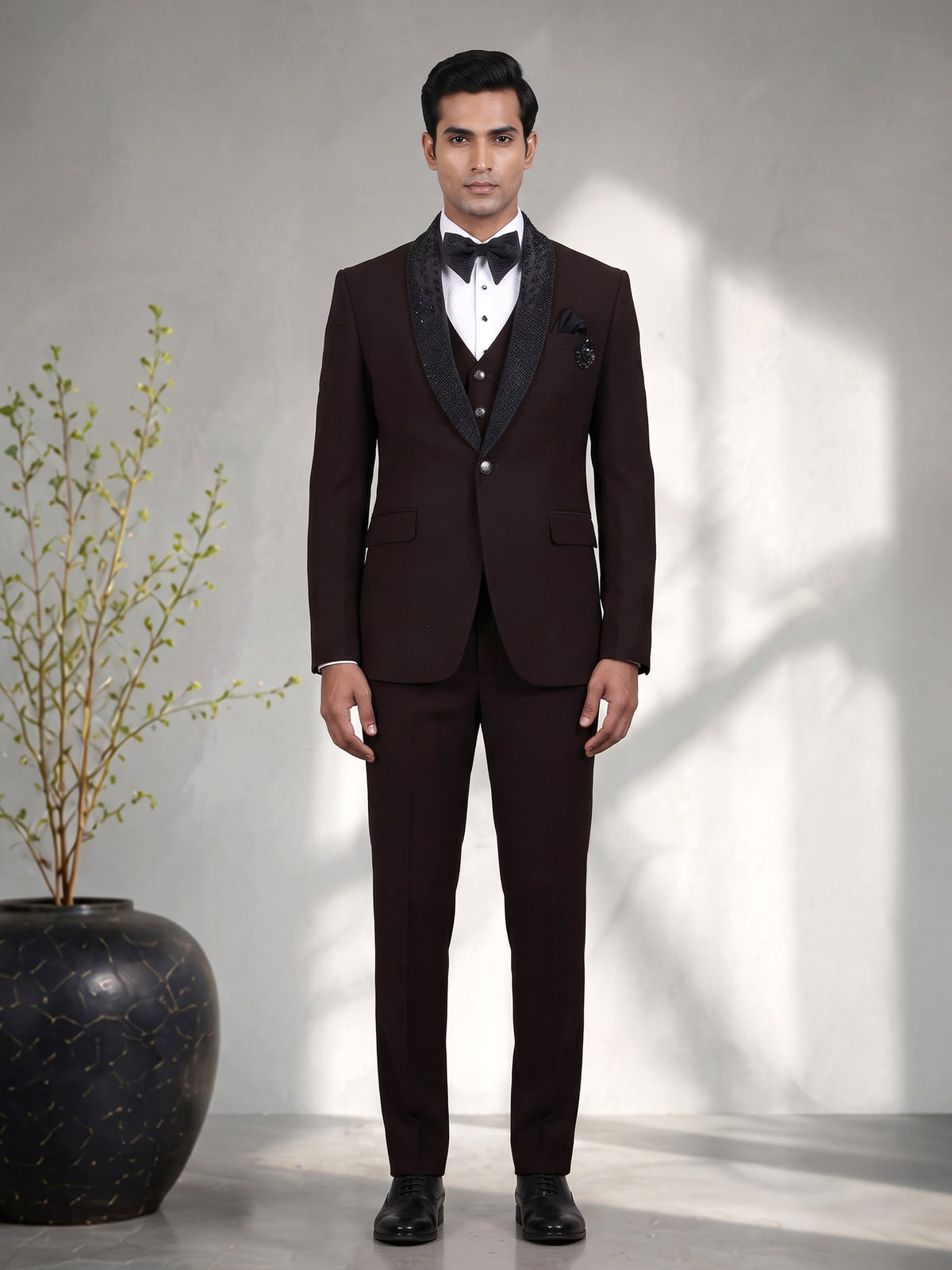 Dark wine terry rayon tuxedo suit with embellished black shawl lapel
