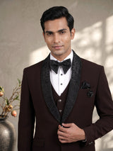Dark wine terry rayon tuxedo suit with embellished black shawl lapel