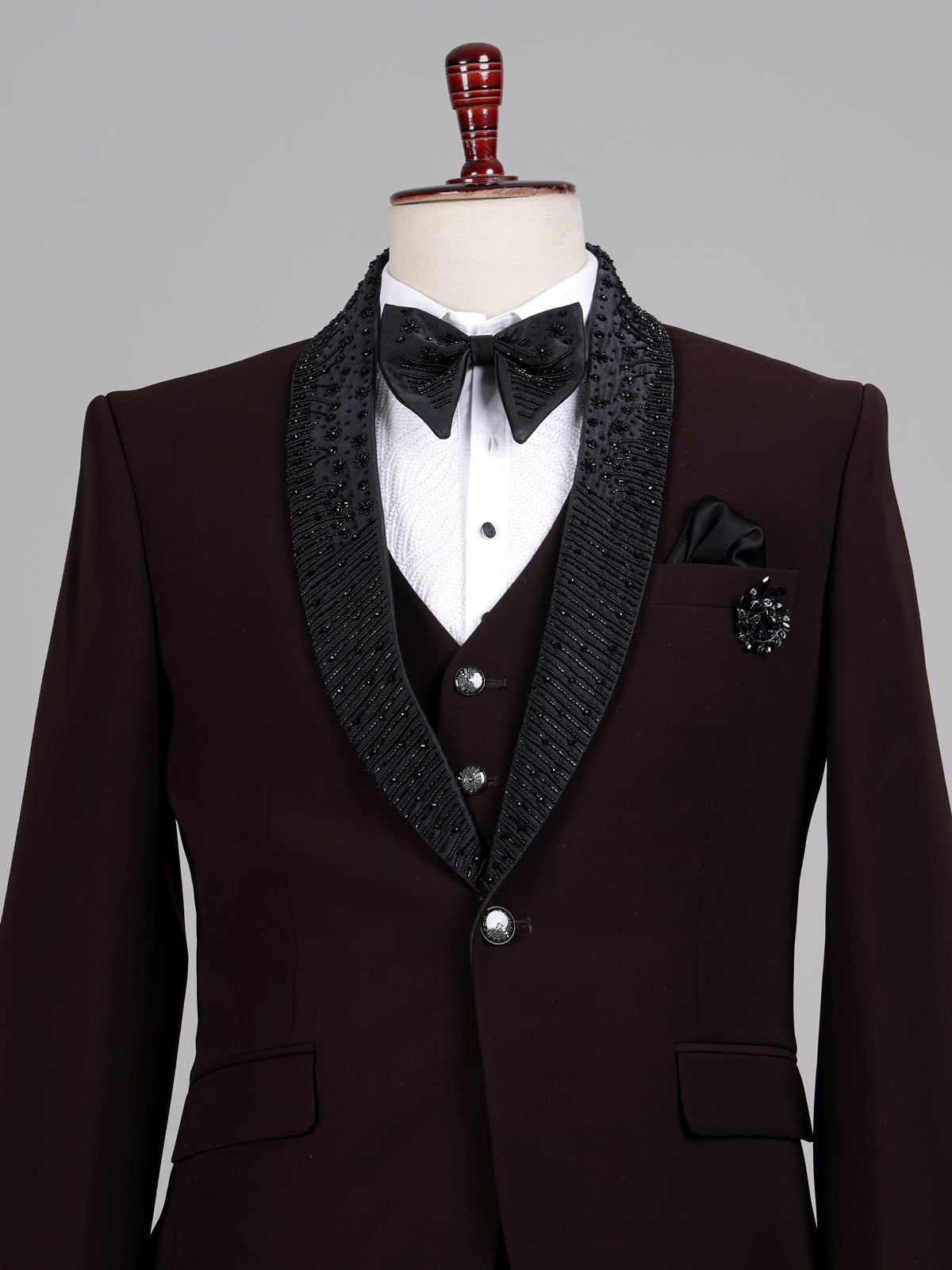Dark wine terry rayon tuxedo suit with embellished black shawl lapel