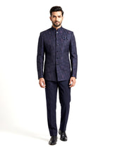 Midnight navy jacquard Jodhpuri suit with royal jharokha motif