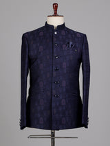 Midnight navy jacquard Jodhpuri suit with royal jharokha motif