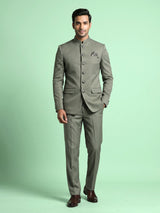 Sage olive jacquard silk Jodhpuri suit with crest buttons