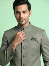Sage olive jacquard silk Jodhpuri suit with crest buttons