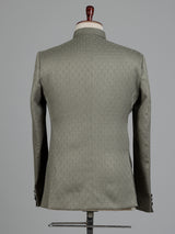 Sage olive jacquard silk Jodhpuri suit with crest buttons