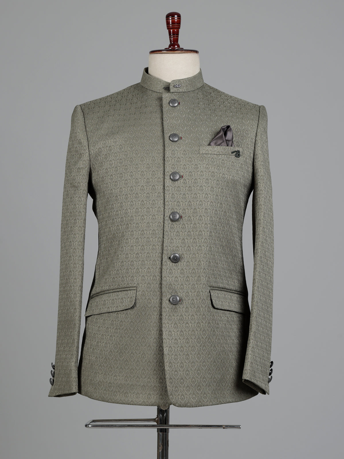 Sage olive jacquard silk Jodhpuri suit with crest buttons