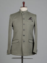 Sage olive jacquard silk Jodhpuri suit with crest buttons