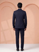 Midnight navy Jodhpuri suit with silver crest embroidery