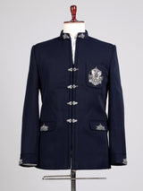Midnight navy Jodhpuri suit with silver crest embroidery