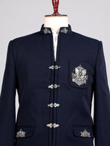 Midnight navy Jodhpuri suit with silver crest embroidery