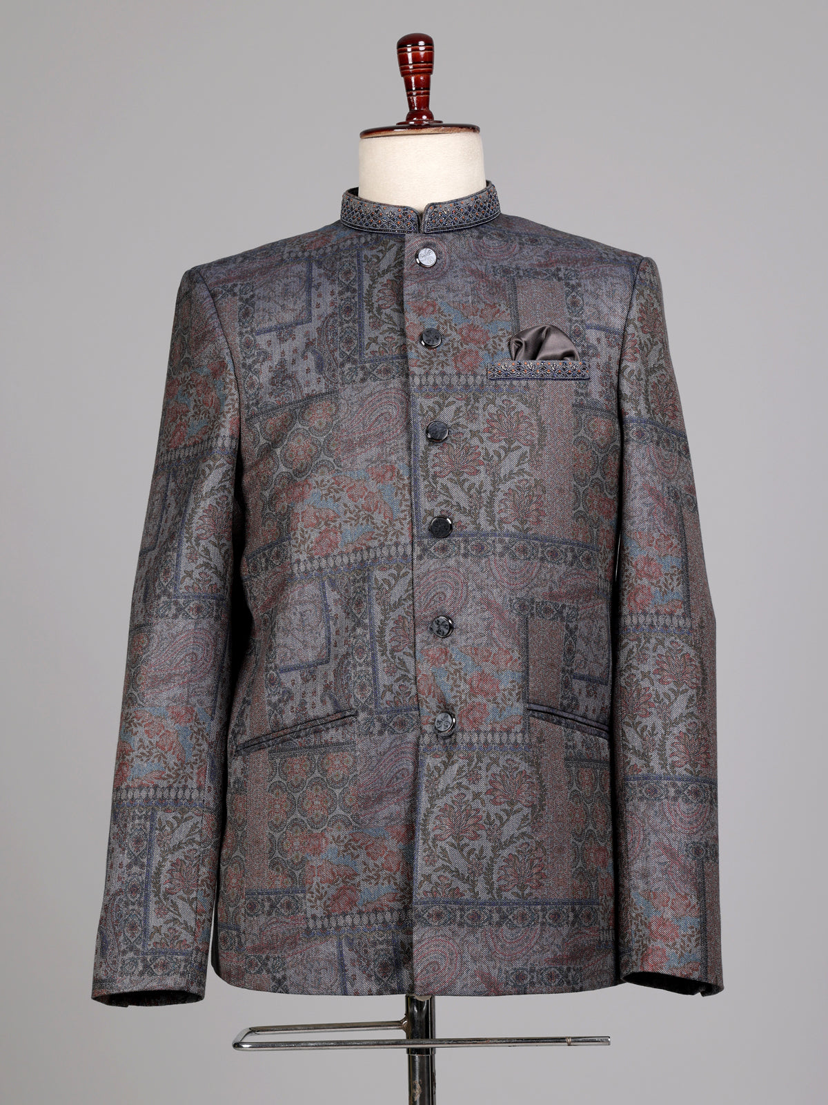 Charcoal grey Jodhpuri suit with paisley jacquard
