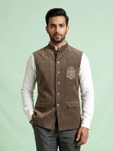 Olive brown Nehru waistcoat with antique floral crest embroidery