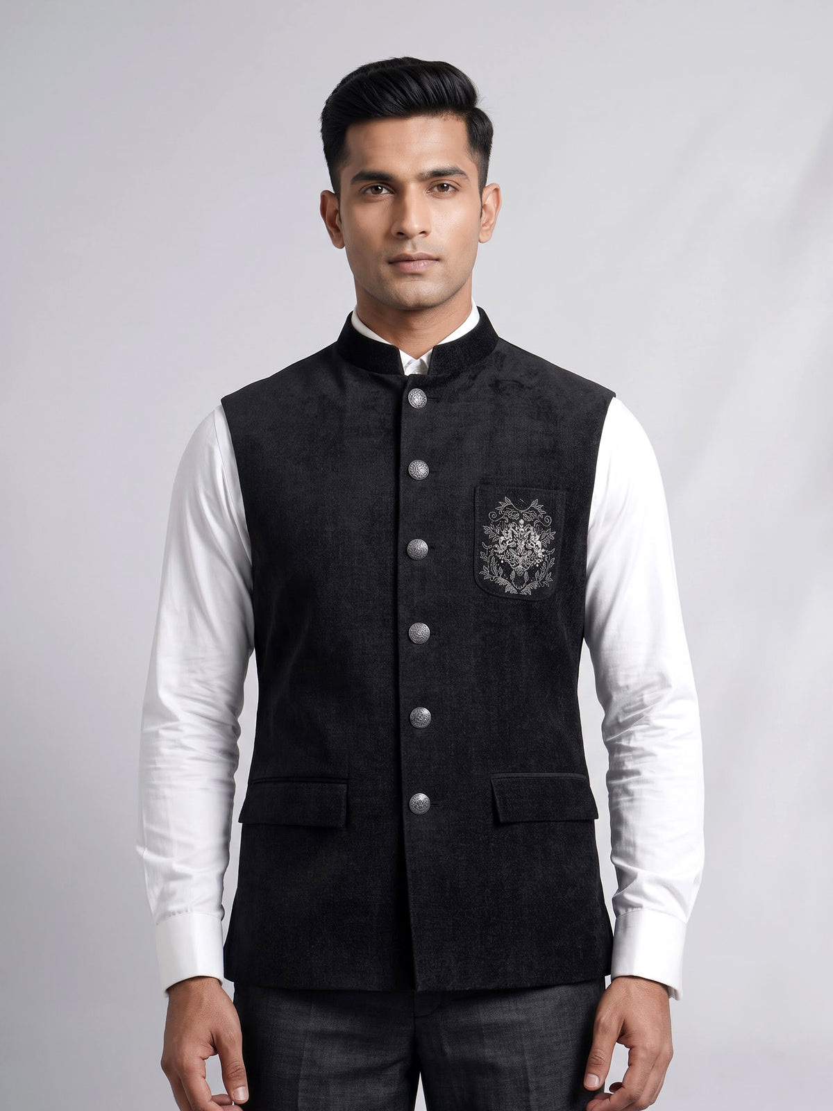 Midnight black Nehru waistcoat with embroidered medallion crest