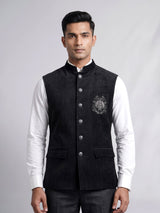 Midnight black Nehru waistcoat with embroidered medallion crest