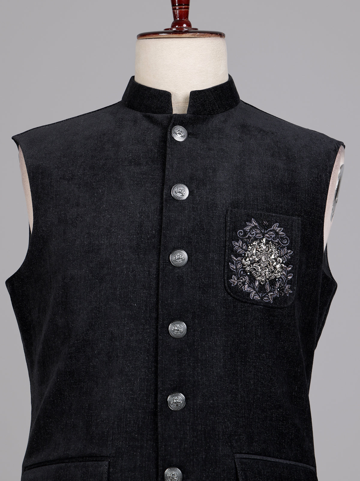 Midnight black Nehru waistcoat with embroidered medallion crest