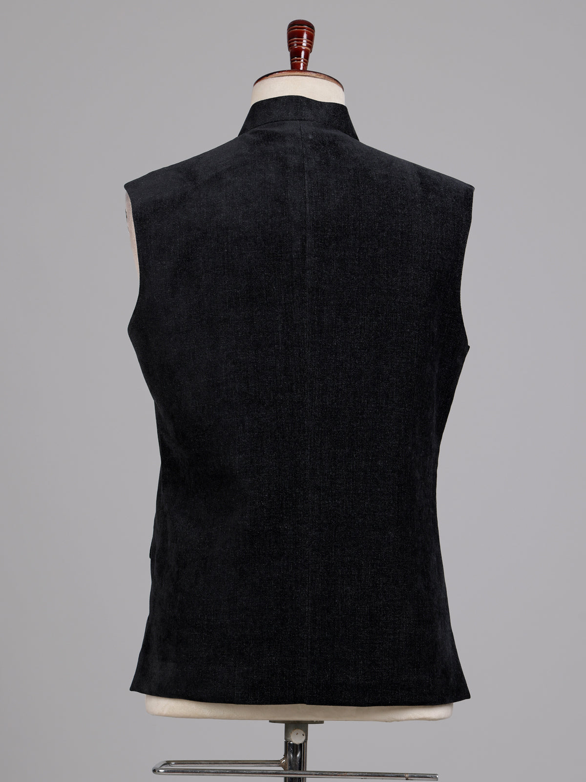 Midnight black Nehru waistcoat with embroidered medallion crest