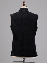 Midnight black Nehru waistcoat with embroidered medallion crest
