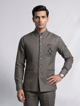 Slate grey ethnic waistcoat set with silver zardozi embroidery